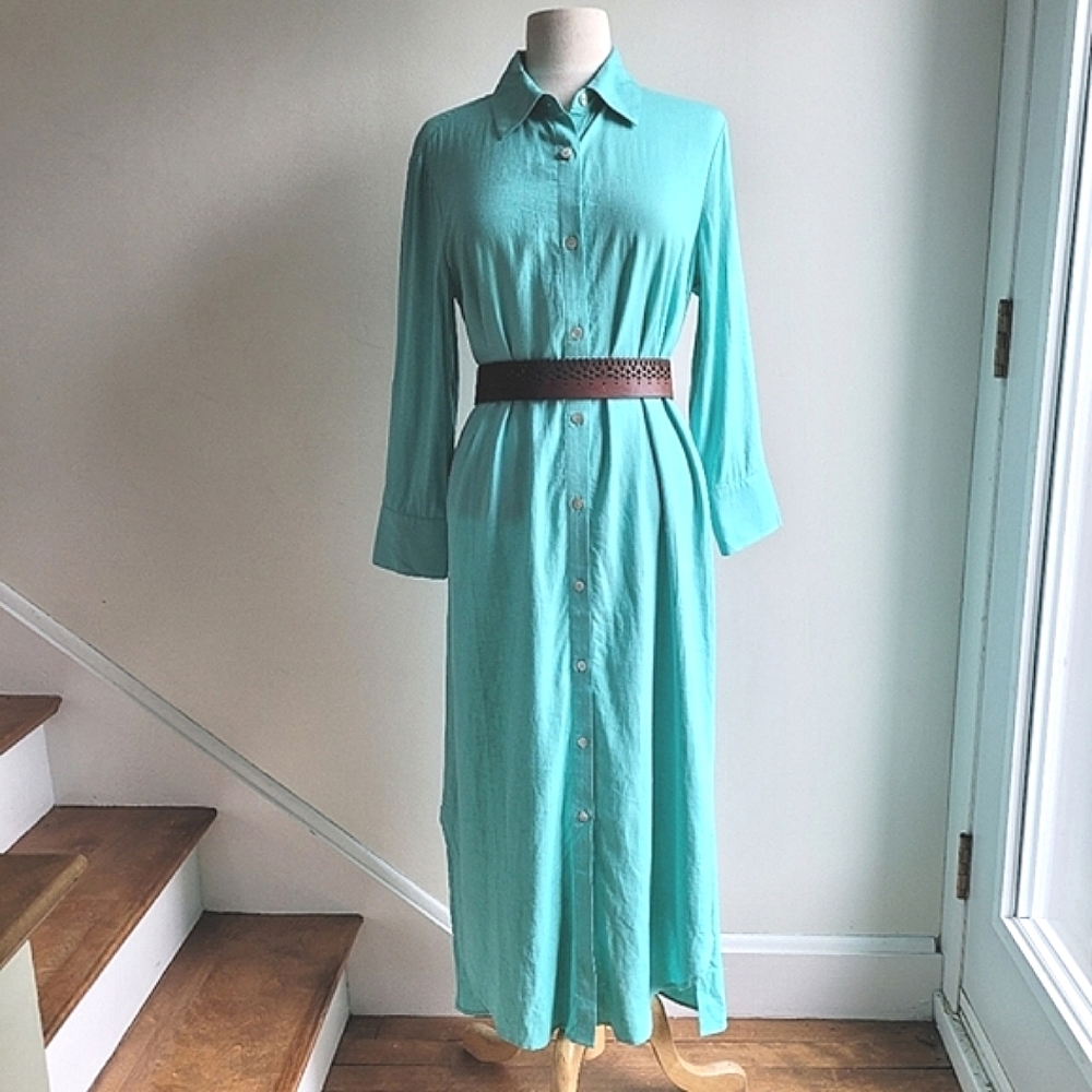 NWOT CHARLIE B Turquoise Button-Down Linen Blend Maxi Shirt Dress M